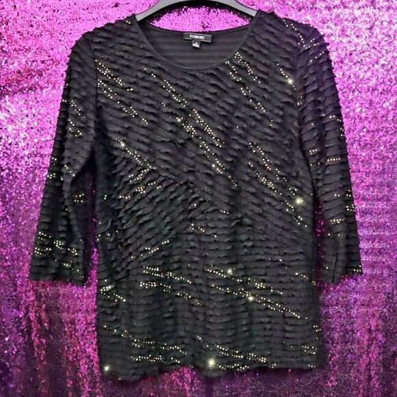 LAST CHANCE - BLACK SEQUIN RUFFLE TOP M Retro 90s Y2K Goth Metallic Gold Casual - Picture 1 of 8